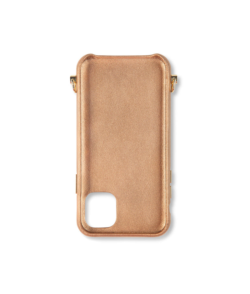 exklusive iphone 13 Pro leder tasche in Gold mit Gold Kette und Magic Ring von Mia Min Milano